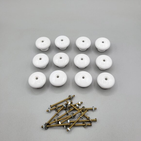 White Ceramic Drawer Knobs With Hardware Set of 12 - Picture 1 of 5